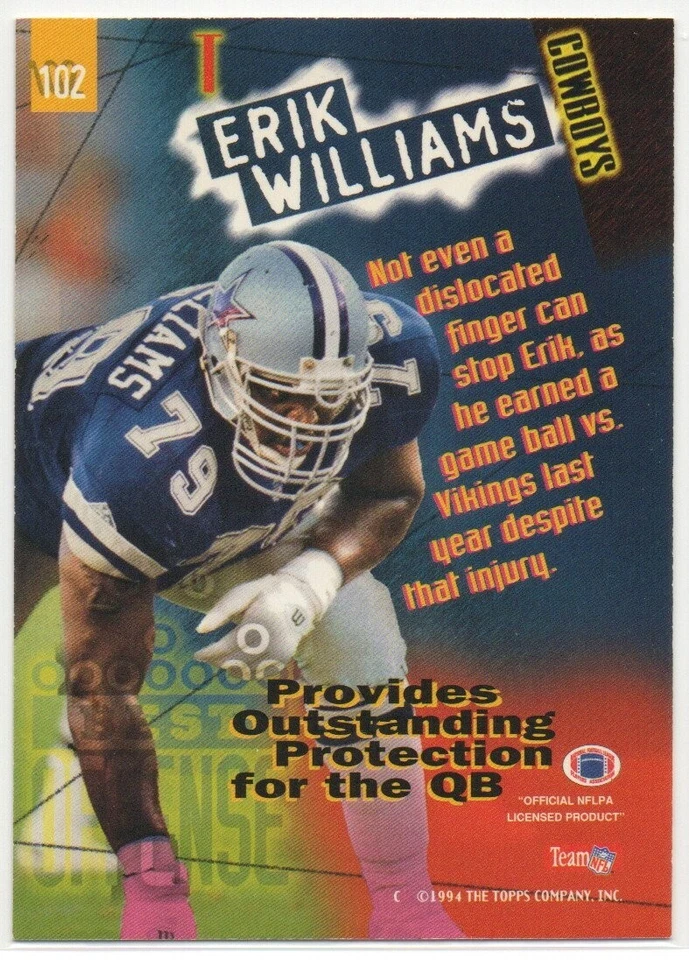 Erik Williams 1994 Stadium Club First Day #102 Dallas Cowboys Daryl Johnston #1 - Image 2 of 2