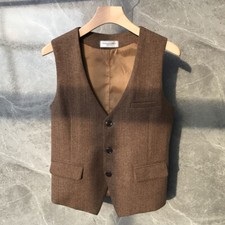 Casual Mens Wool Blend Tweed Vest Waistcoat Button Retro Business Outwear Vests