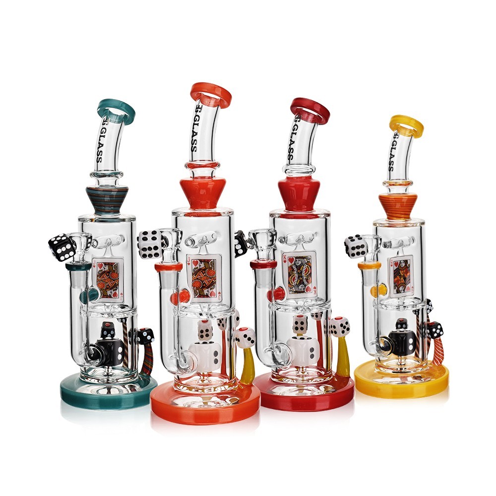 Playing Card Bent Neck Water Pipe Heady Bong | Yellow Wig Wag Colors EG Glass