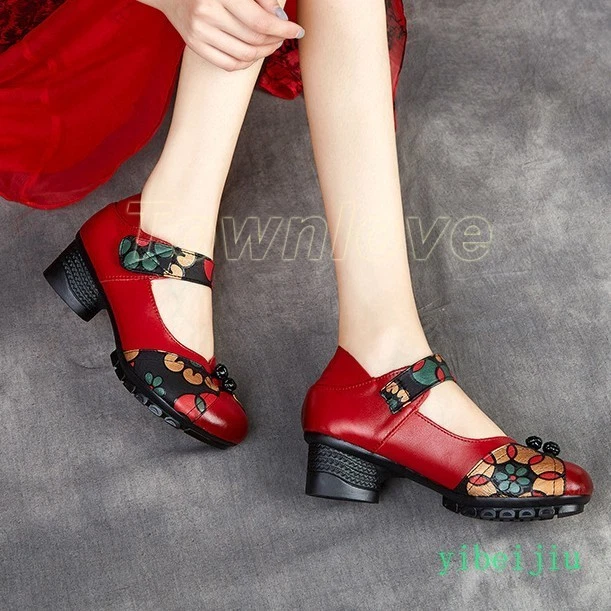 Zapatos étnicos florales de tacón bajo Mary Janes de cuero suave para mujer cómodos primavera Foto 4 de 4