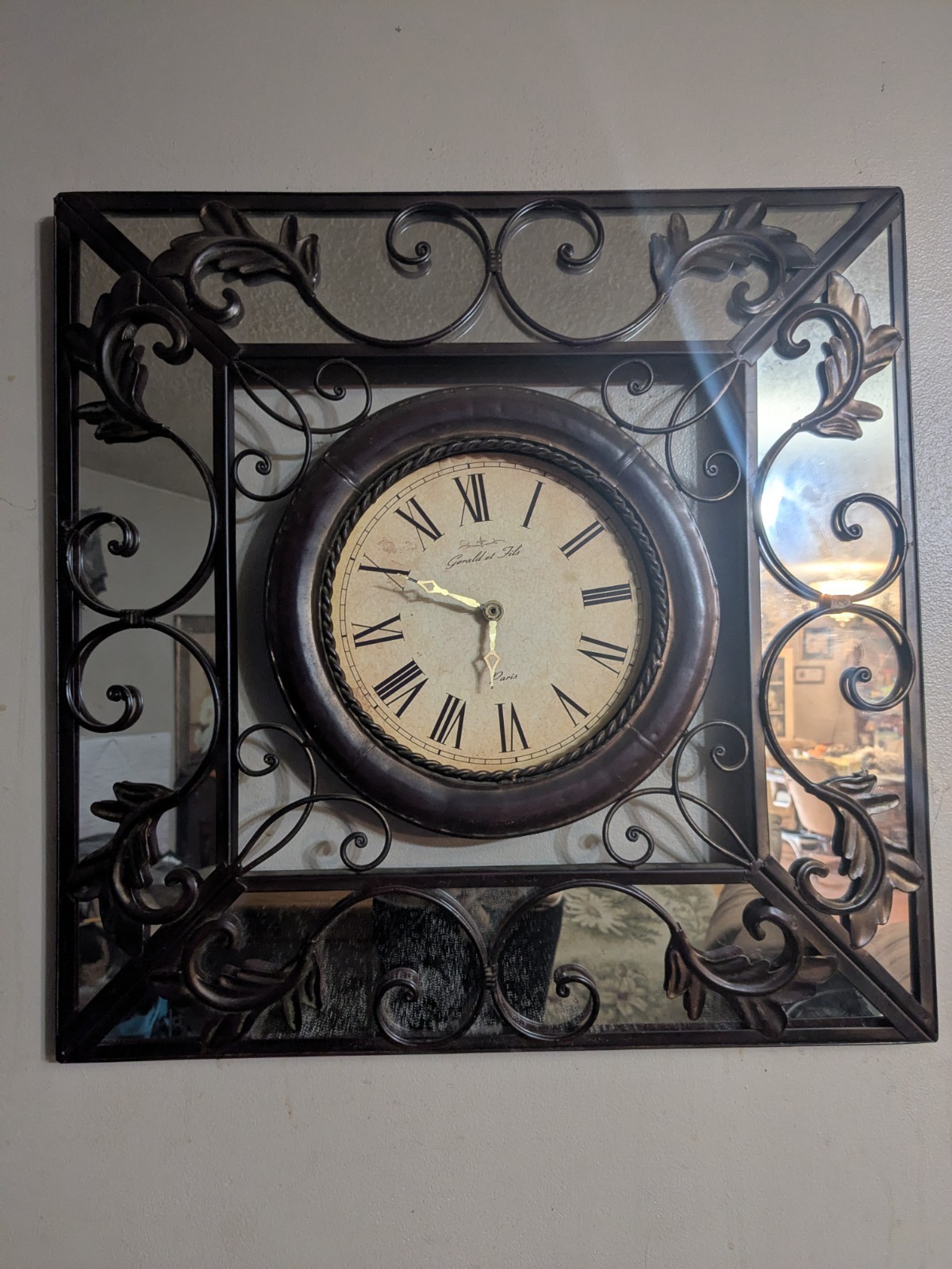 Large Wrought Iron & Mirror Wall Clock Roman Numerals