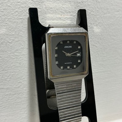 Vintage Enicar TV Square Black Dial Automatic AR815C 17J Swiss Watch 1970s 29mm