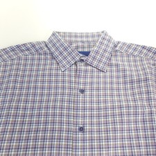 David Donahue Shirt Mens Large 16.5 Fusion Blue Gray Check Button Up Long Sleeve
