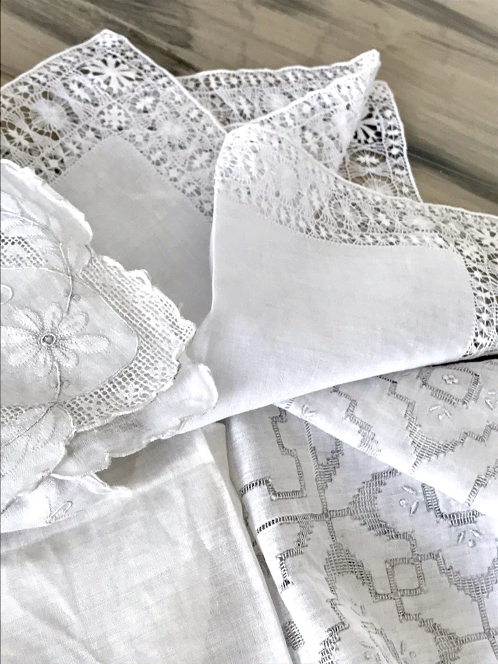 Antik 4x Taschentuch Taschentücher Stickerei weiß Batist Spitze elegant bestickt - Bild 2 von 4