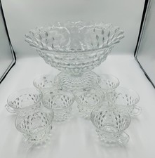 Fostoria American Cubist Elegant Glass Punch Bowl Set-High Foot Base With 8 Cups