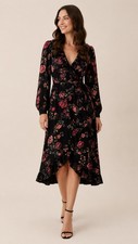 Maje Black Floral Wrap Midi Dress – Ruffle Trim V Neck, Size 1 / UK 8-10