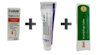 Pflege-Set   Evolson Nagelweicher + Ilon Wundpflege-Salbe + Salicyl-Vaselin 10%