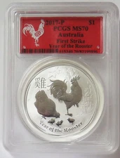 2017 P SILVER AUSTRALIA LUNAR YEAR OF THE ROOSTER 1oz PCGS MS 70 FIRST STRIKE