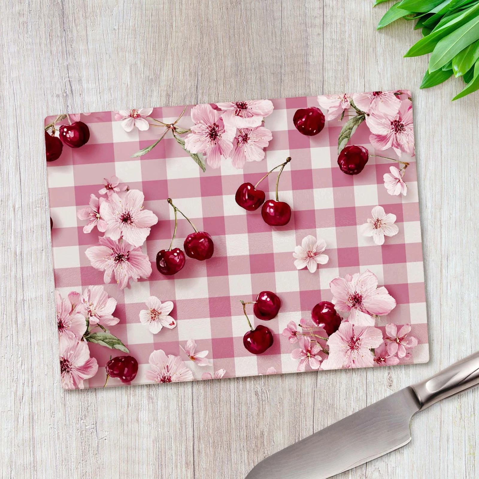 Pink Cherry Gingham Flowers Glass Chopping Board Large Kitchen Worktop Saver