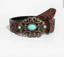 Western Brown And Blue Agate Floral Embossed Belt Size m-l
