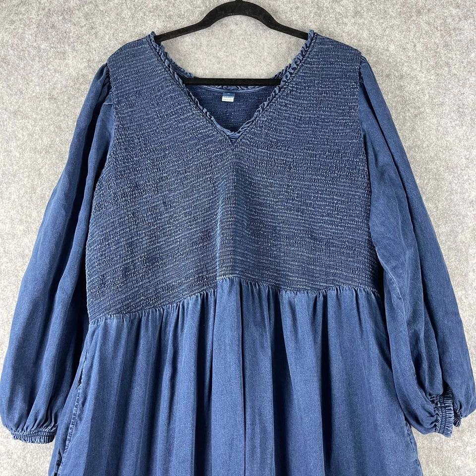 Old Navy Smocked Tiered Maxi Dress Womens 3X Blue Chambray Balloon Sleeve Boho - Image 2 of 4
