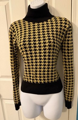 Voodoo Vixen Yellow Black Houndstooth Turtleneck Sweater Medium Goth Punk 80s