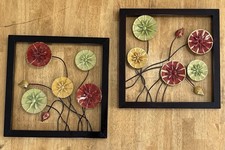 Set 2 Painted Metal Floral Home Wall Art Decor Sculpture Flowers W/Black Frames