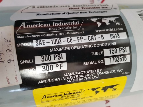 American Industrial SAE-1002-C6-FP-CNT-B 0918 Shell and Tube Heat Exchanger - Picture 12 of 15