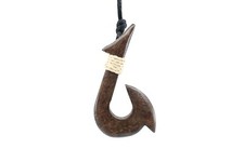 Hawaiian Fish Hook Necklace - Large, Black, Hand Carved, Adjustable Rope, Maui