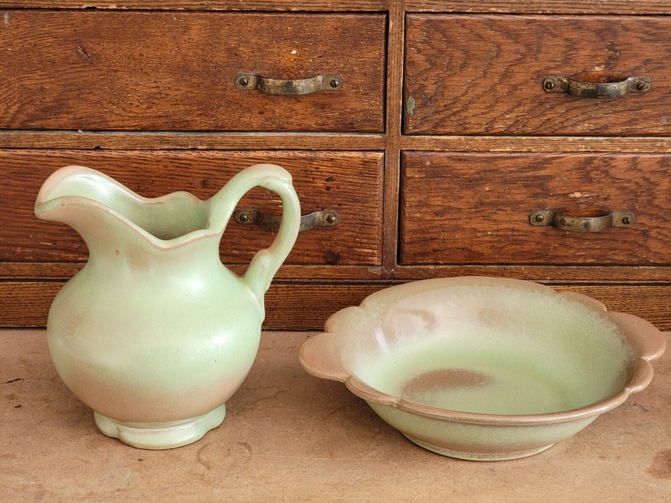 Vintage Frankoma Glazed Pottery Pitcher & Bowl Set MCM Prairie Green
