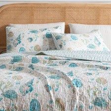 Blue Beige Beach Seashell Sand Dollar Coastal 3pc Quilt Set Twin Full Queen King