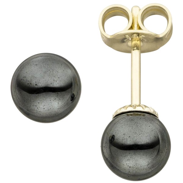 Ohrstecker Ohrringe Kugel Aus Grauen HäMatite 585 Gold Gelbgold Ohrschmuck-image