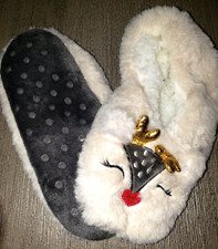 girls NEW NWT TAN FLEECE CHRISTMAS REINDEER SLIPPERS 8.5 inch long GOLD ANTLERS