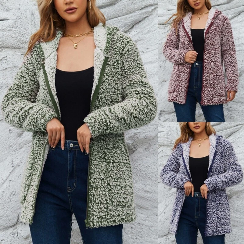 Ladies Fluffy Full Zip Sherpa Jacket Women Thicken Casual Long Sleeve Coat