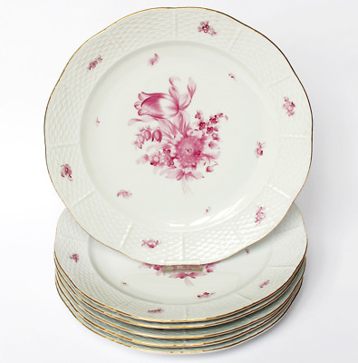 6 Porzellan Teller Essteller Herend Ungarn Purpur Blume Goldrand Ø 25 cm