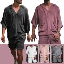 Mens Cotton Linen Tops Shorts Suit Short Sleeve Hoodie Pants 2pcs/set Hip Hop