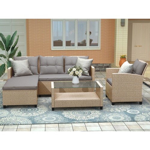 4-Pc Patio Wicker Rattan Sectional Set w/ Seat Cushions – Conversation Sofa