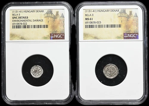 HUNGARY. Bela II, 1131-1141. Silver Denar, Cross type, NGC Certified Lot of 2