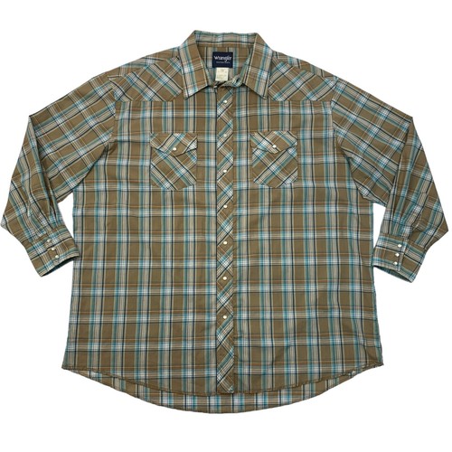 Wrangler Shirt Mens 3XL Brown Pearl Snap Button Plaid Long Sleeve Western Yoke