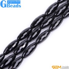 Natural Black Agate Onyx Gemstone Faceted Olivary Rice Beads 15" Free Shipping