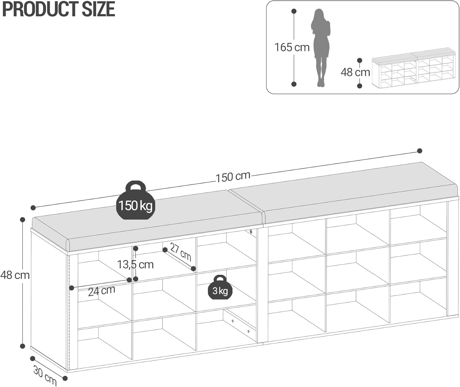 Panca Scarpiera 150 cm Ingresso con Seduta e 18 Scomparti | Max Salvaspazio - 2