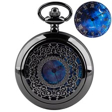 Elegant Black Moon  Star Pocket Watch Stainless Steel Celestial Watch 1.77"