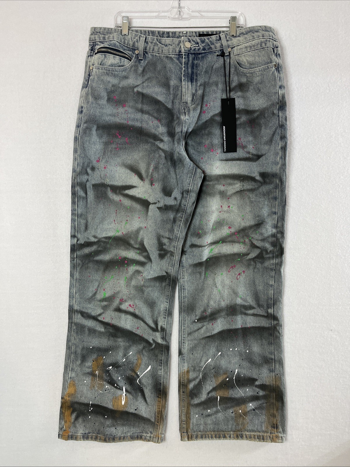 Mens 40x32 Baggy Flared Grunge Rave Distressed Painted Denim