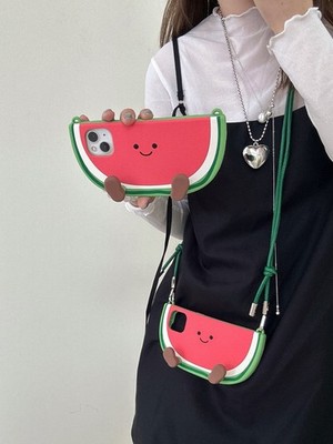 3D Creative Watermelon Silicone Phone Case with Lanyard for iPhone 12-16 Pro Max