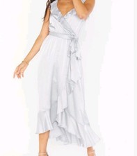 SHOW ME YOUR MUMU Samantha Ruffle Wrap Dress Silver Luxe Satin-Size Large-New