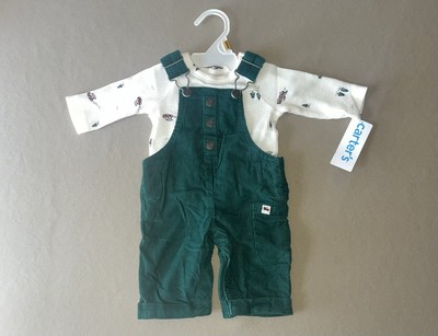 Carter’s Baby Boys Newborn TWO Piece Green Corduroy Overalls Top Outfit,  New!