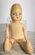 Vintage Unique Cloth Doll Molded Fabric Face Painted Face & Hair Hodded Head