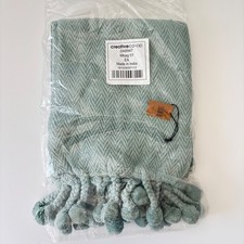 Creative Co-op Aqua Cotton Throw Blanket Herringbone Throw Pom Tassels Sage