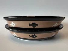 Set 2 petrageous ceramic oval cat dish bowl black brown fish diswasher microwave
