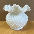 White Milk Glass Hobnail Ruffled Edge FENTON? Vase, 5" by 6” Glossy