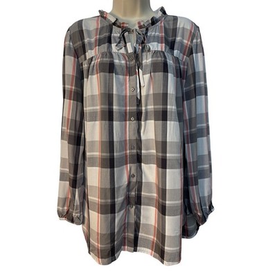LOFT Outlet Womens Plaid Ruffle Tie Neck Button Down Blouse Grey Pink Large