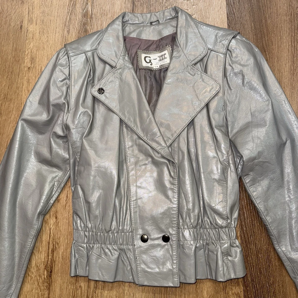 Chaqueta de cuero vintage G-III abrigo moto moto gris años 70 80 mujer 7 8 Foto 4 de 4