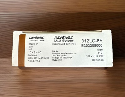 RAYOVAC Loud N  Clear Size 312 Hearing Aid Batteries, Box of 80, Exp March 2026