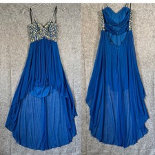 B Smart Prom Dress Size 7 Hi Low Sheer Blue Rhinestone Beaded Hoco Evening Y2K