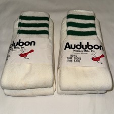 Deadstock Vtg Boy  s 4 Pr Cushion TUBE SOCKS Mid Calf 7-10 Striped WHITE GREEN