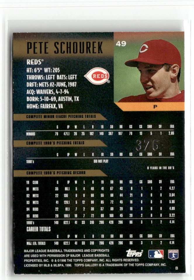 1996 TOPPS GALLERY #49 PETE SCHOUREK PLAYER'S PRIVATE ISSUE CINCINNATI REDS /999 - Image 2 of 2