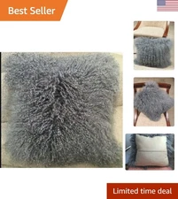 Luxurious Gray Mongolian Lamb Fur Pillow Cover 16''x16'' for Elegant Décor