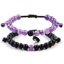 2 Pcs Magnetic Couple Bracelets Matching Heart Charms middle, Black-Amethyst