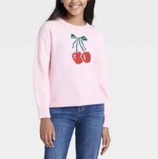 Girl  s Cat  Jack Pink Soft Knit Cherry Sweater S NEW 