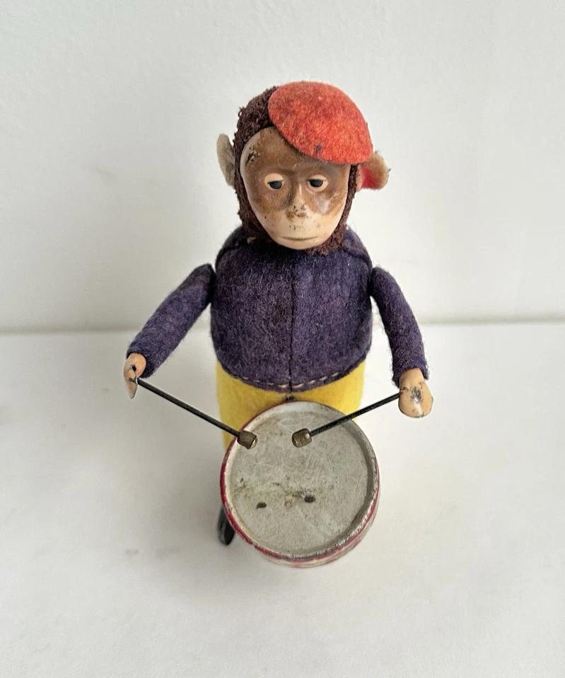 Ancien jouet mécanique automate tôle singe musicien tambour Shuco Germany 1930 - Photo 2/4